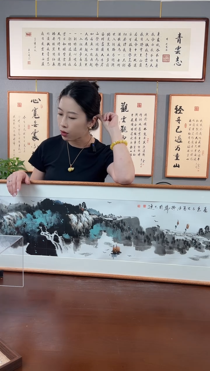 书法刘老师手绘写意江南春色40*120-带框