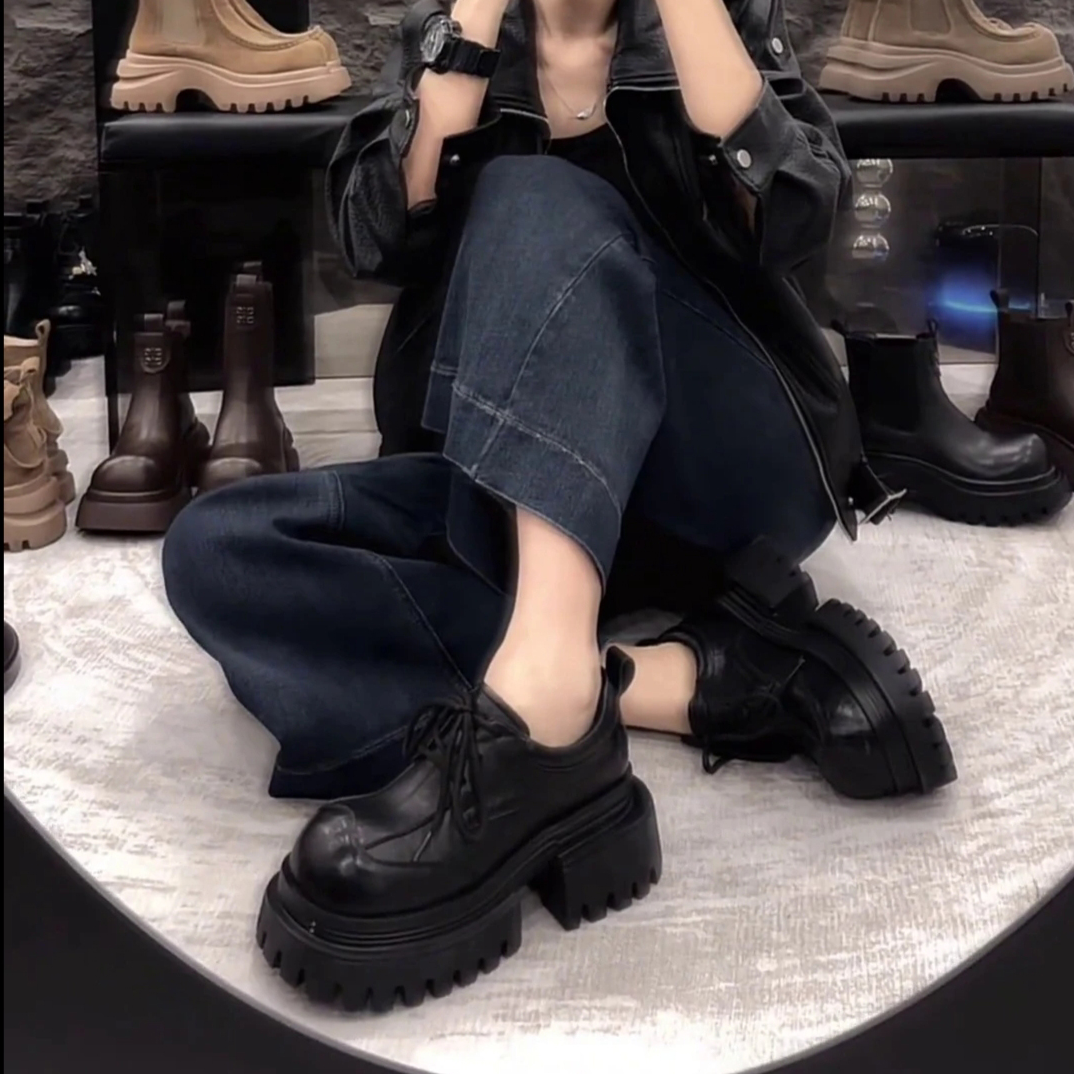 秋季加绒复古圆头小皮鞋2025新款系带厚底增高乐福鞋休闲英伦风