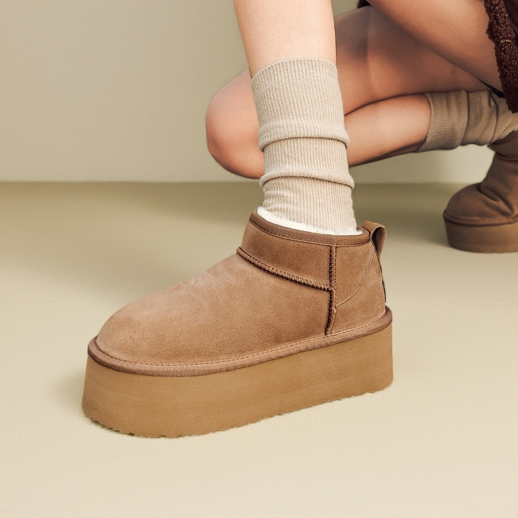 DOOLLUGG厚底女士雪地靴牛反绒羊毛套筒防滑百搭时尚秋冬保暖女鞋