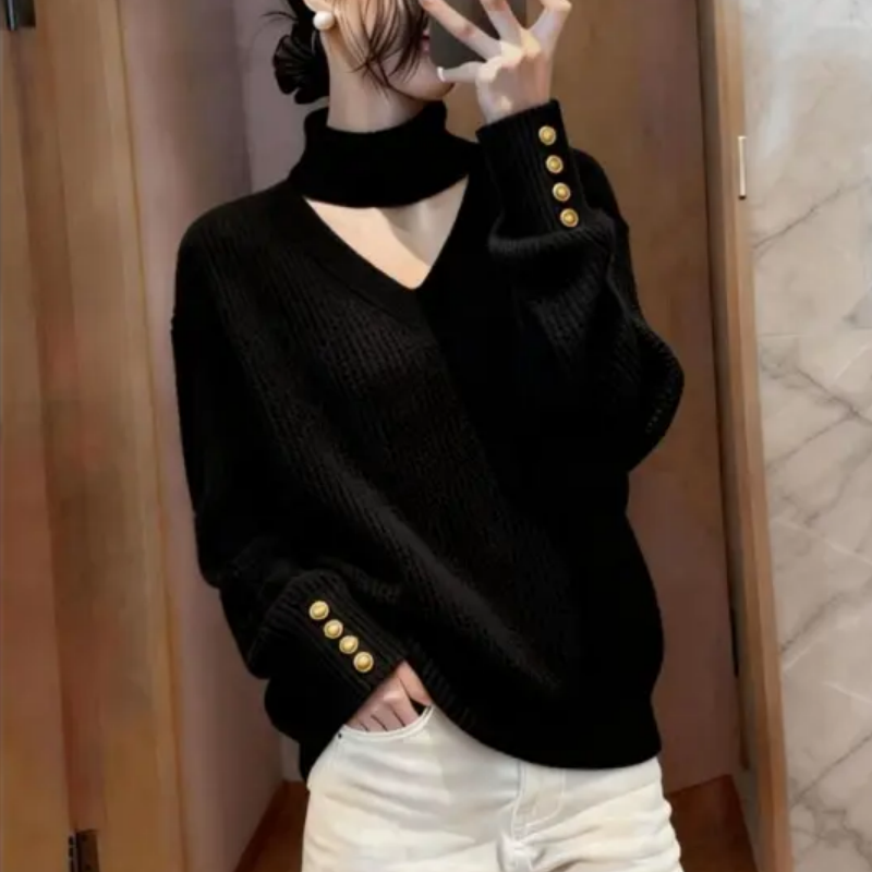 轻奢感高领镂空毛衣女秋冬新款巨好看慵懒宽松显瘦百搭针织衫上衣