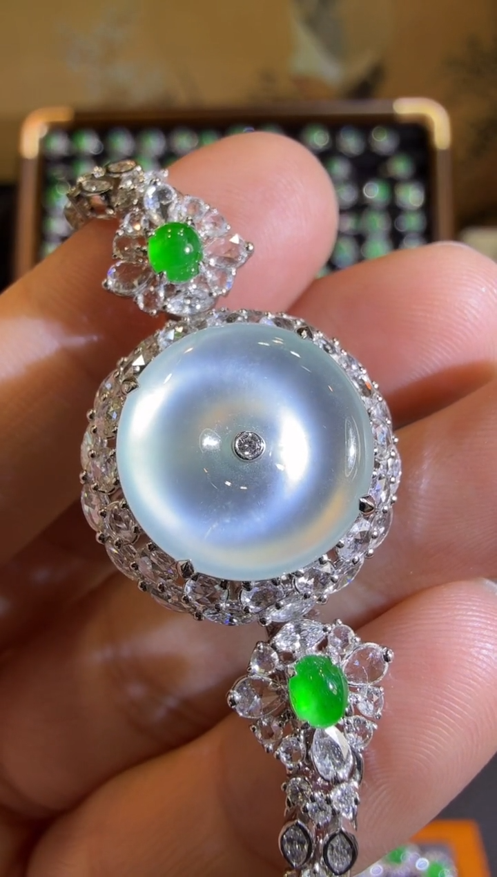 【闪购商品】翡翠手链18K金镶嵌玻璃种起钢平安扣戒指吊坠手链三用