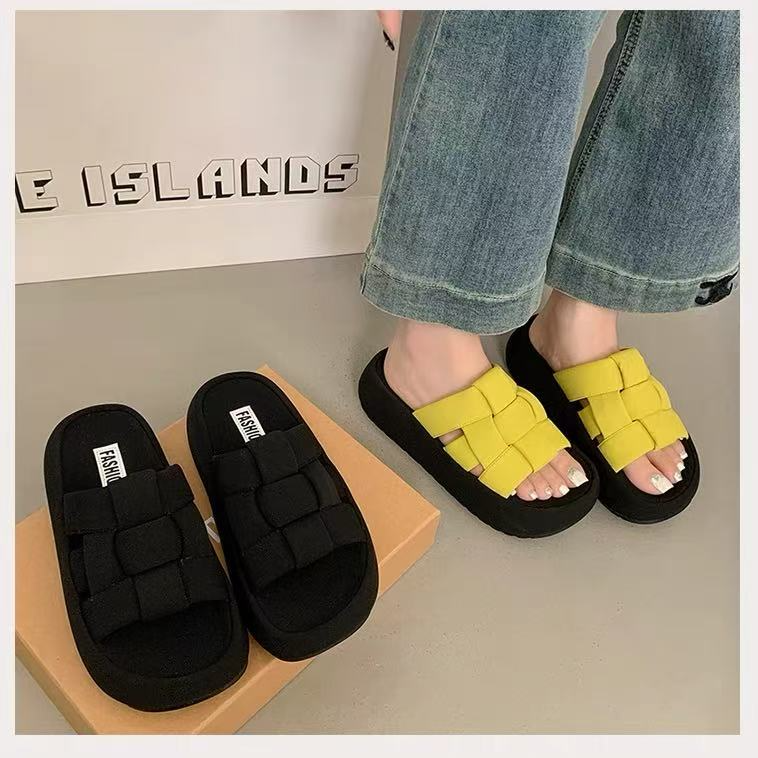 丑萌编织一字带松糕厚底休闲面包拖鞋S831