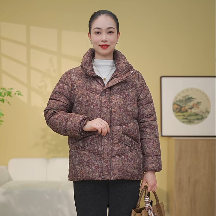 时尚妈妈冬装羽绒棉服中年花色立领外套中老年女新款棉衣