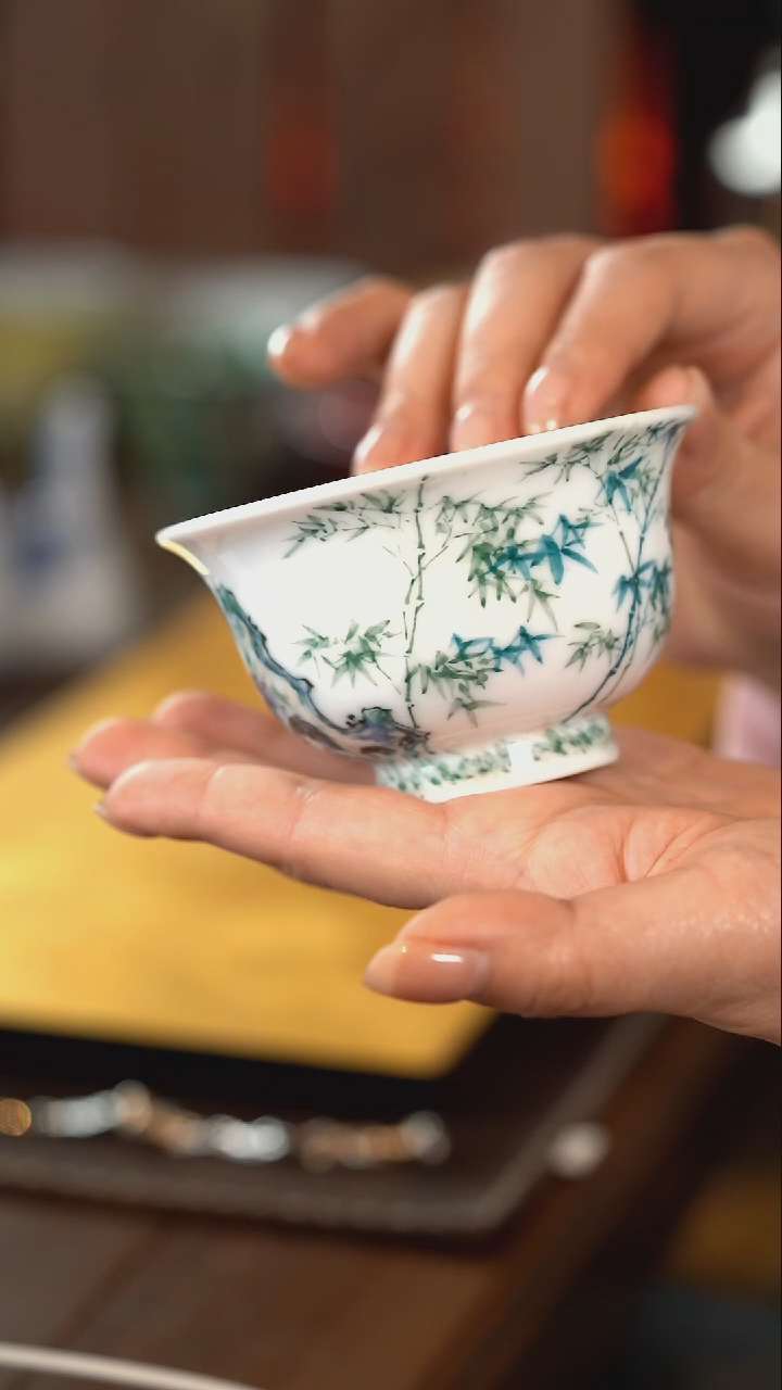 【闪购商品】正春堂·古法柴窑 五彩绿竹压手杯