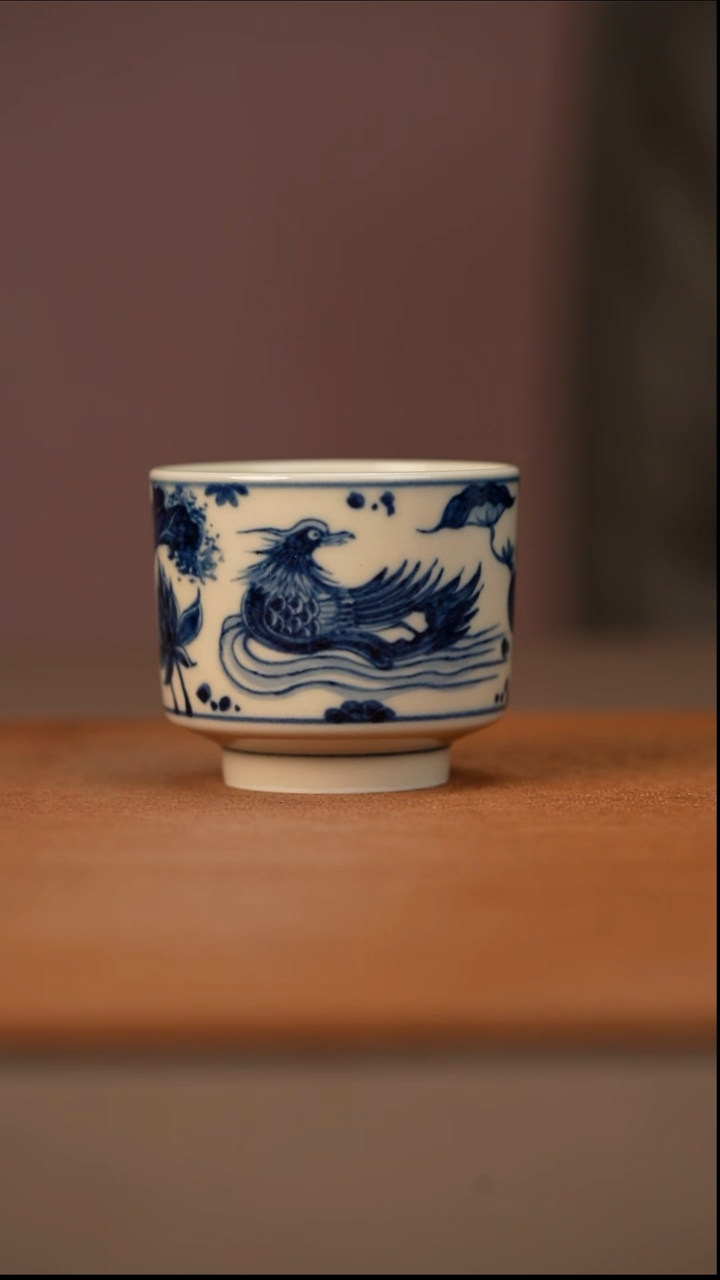 陶瓷幽蓝溪堂满池娇直口杯（2号釉）