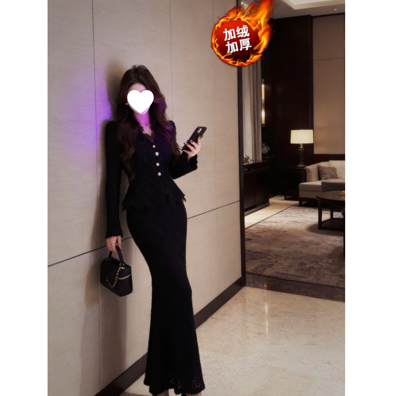 【6-8元运补】冬款高端重工蕾丝绒内气质上衣半裙两件套