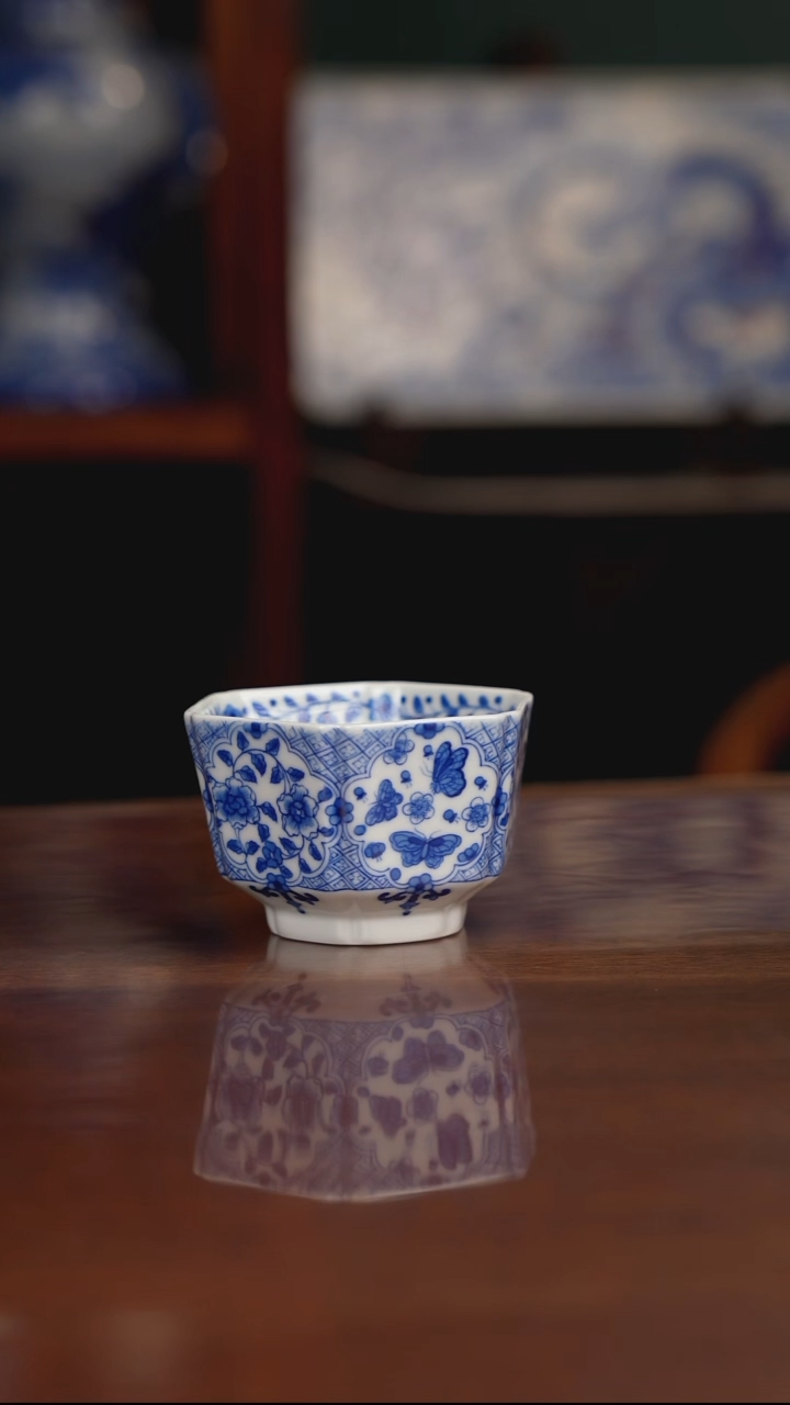 柴窑青花六方主人杯