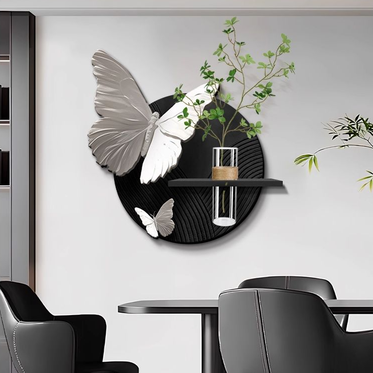 黑白蝴蝶餐厅装饰画简约高级感抽象客厅挂画水培绿植餐桌墙面壁画