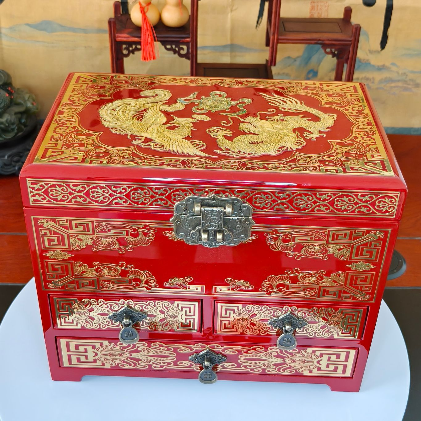 首饰盒/箱 28宽三抽屉四层款螺钿铜丝镶嵌首饰箱结婚嫁妆顺丰包邮