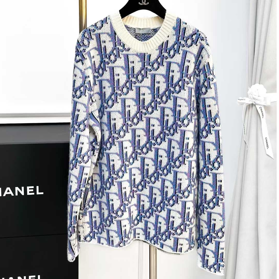99新 DIOR/迪奥 Dior S码蓝色拼白色满印logo圆领长袖针织上衣