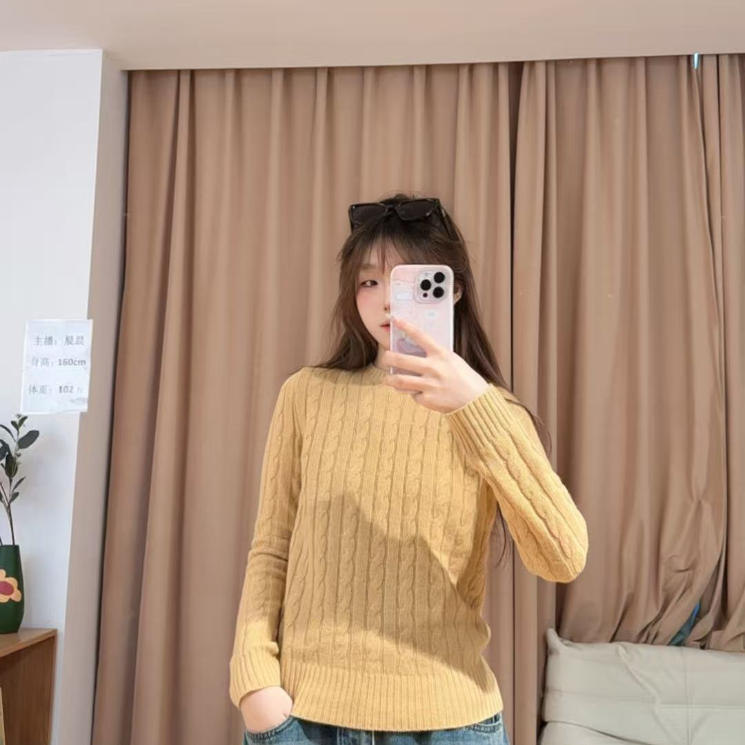 13707余小鱼【小麻花】黄色麻花百搭圆领套头长袖秋冬毛衣女装