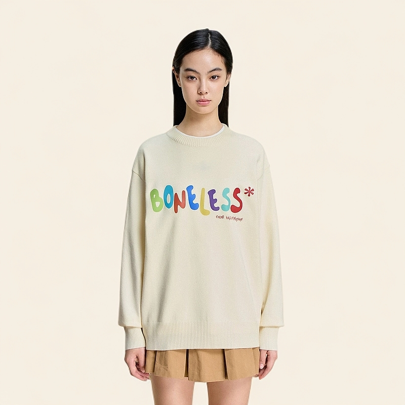 BONELESS多彩系列logo套头毛衣简约圆领宽松上衣垂感针织衫