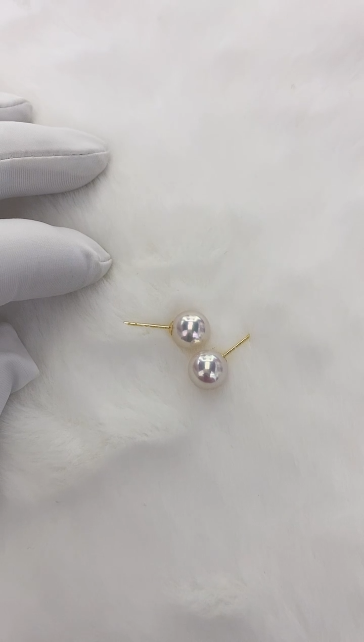 18K金镶嵌耳钉海水珍珠郁**?Akoya耳钉 8-8.5MM 18K金 