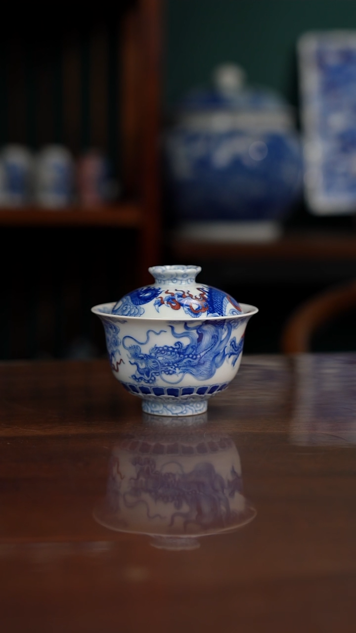 自成堂柴窑 青花釉里红 龙凤 雕花祥云