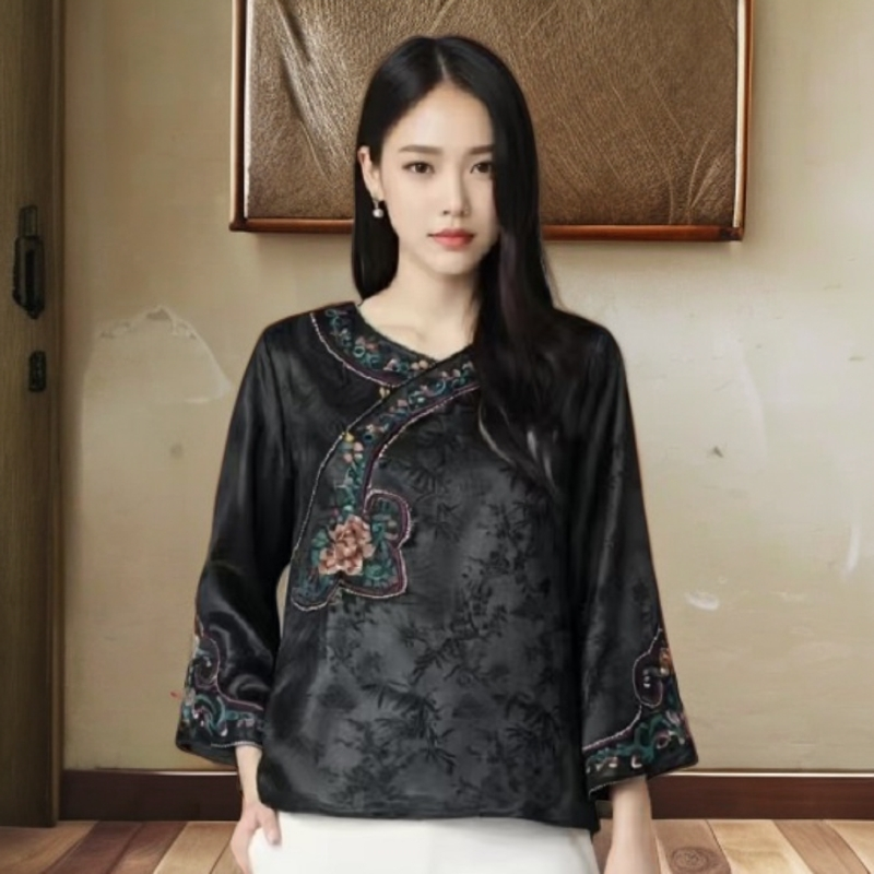 秋季新款长袖复古【老上海如意绣娘上衣】圆领斜襟提花重磅新中式