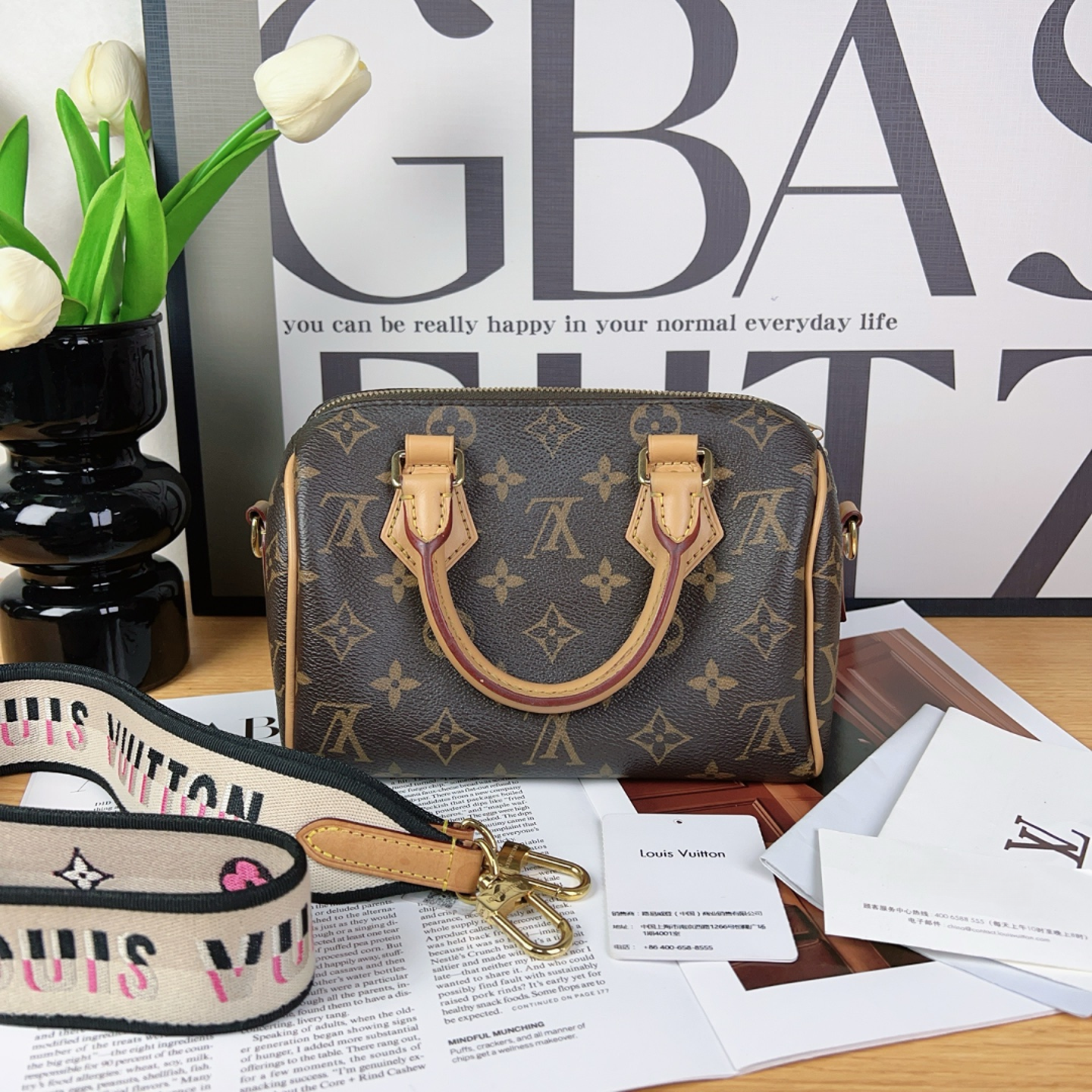 99新 LouisVuitton/路易威登 Speedy20芯片款 黑肩带 肩包