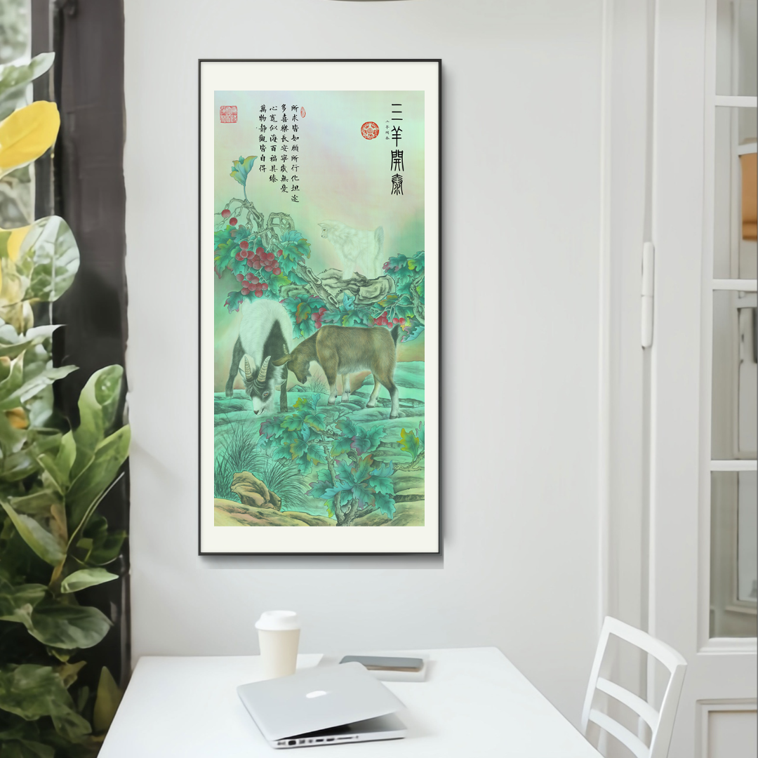 何冠逸 经典作品《三羊开泰》-68x138托底85x180【拓底装裱无框】