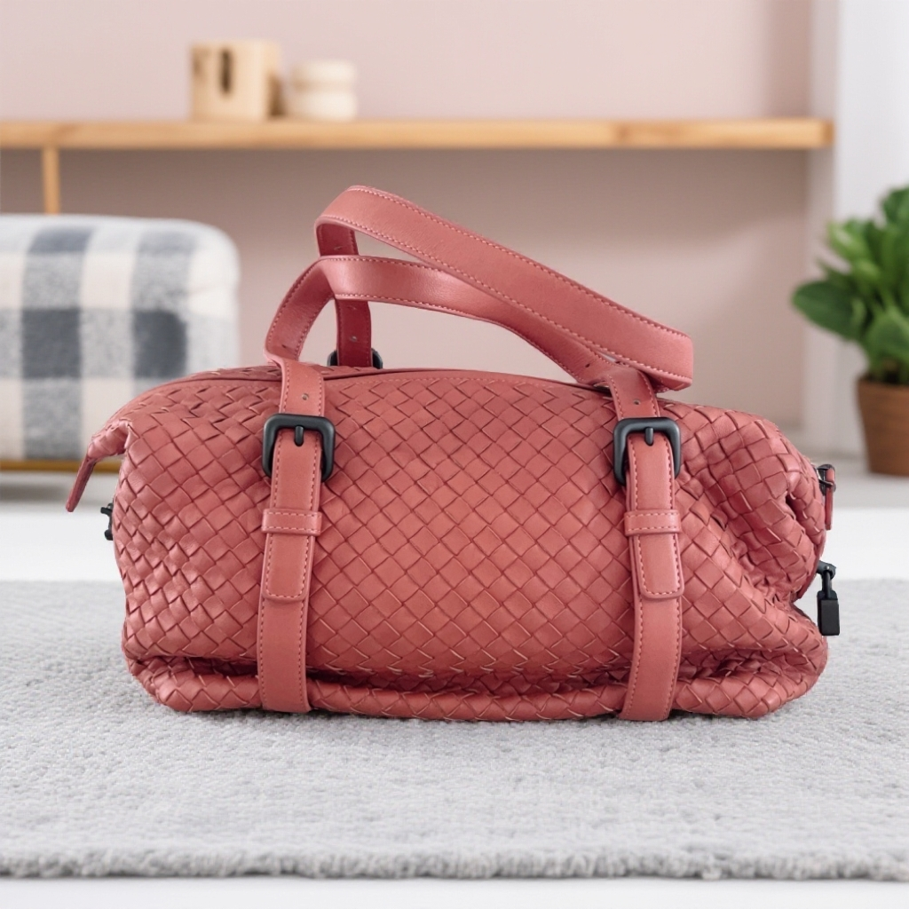 95新 BOTTEGA VENETA/葆蝶家  粉红色编织手提包  1887 1585  