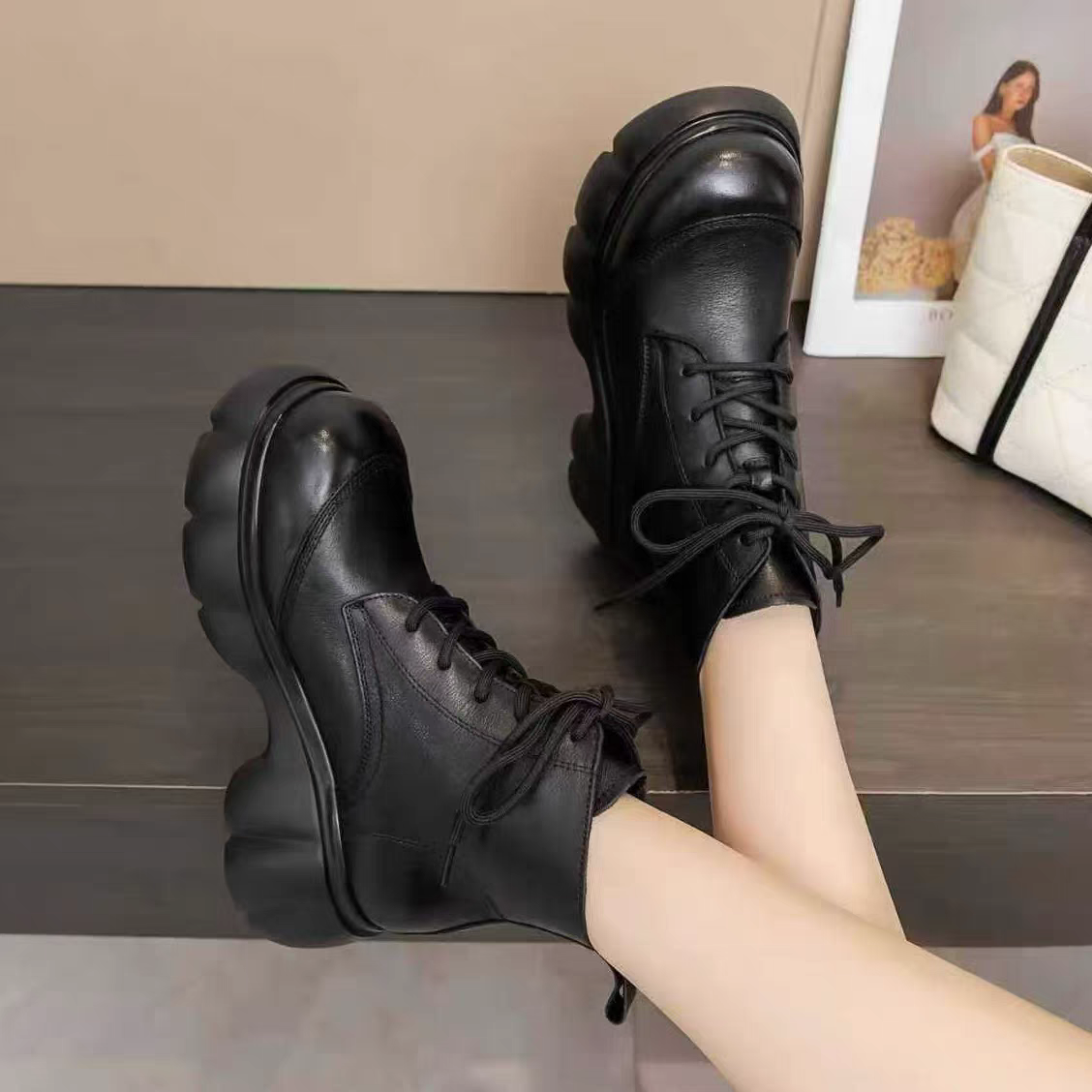 9898头层牛皮马丁靴加绒厚底休闲真皮女鞋短靴