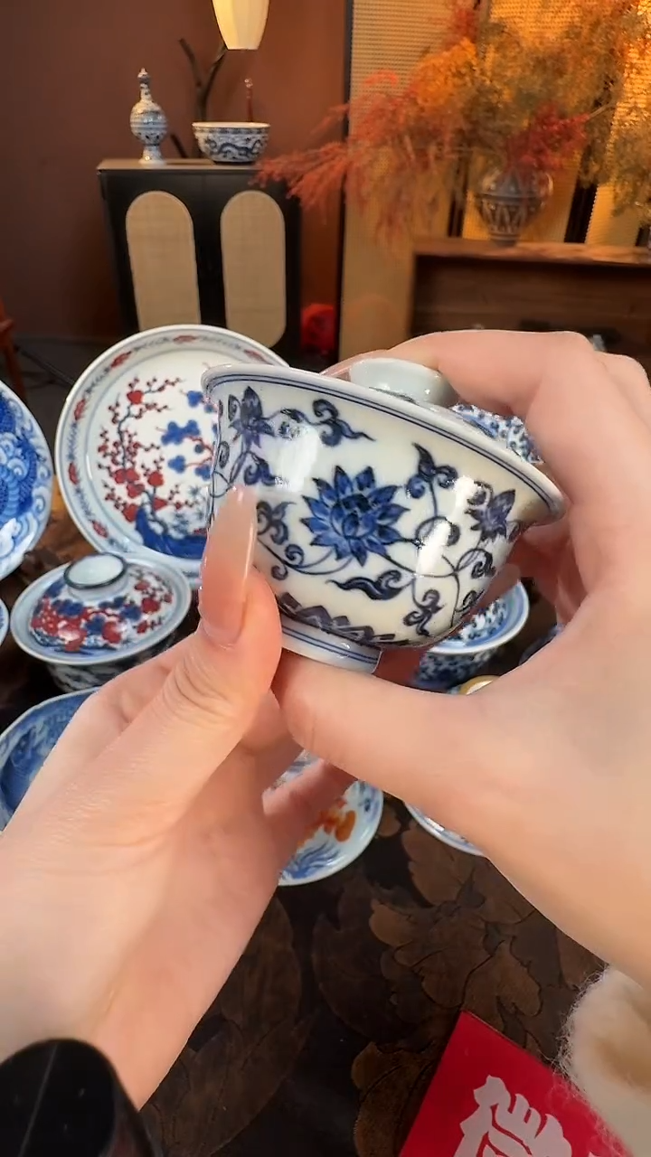 杯子陶瓷三方器合缠枝莲小盖碗