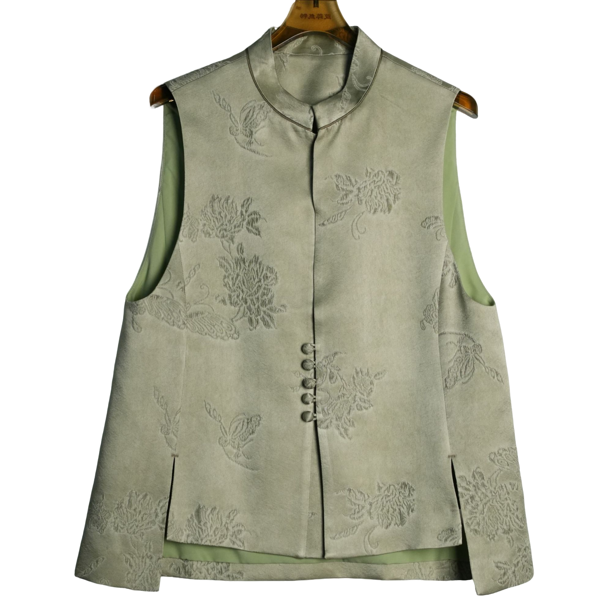 峨髦士春秋绿色工字型常规短款宋锦绿色新中式提花无袖单排扣马夹