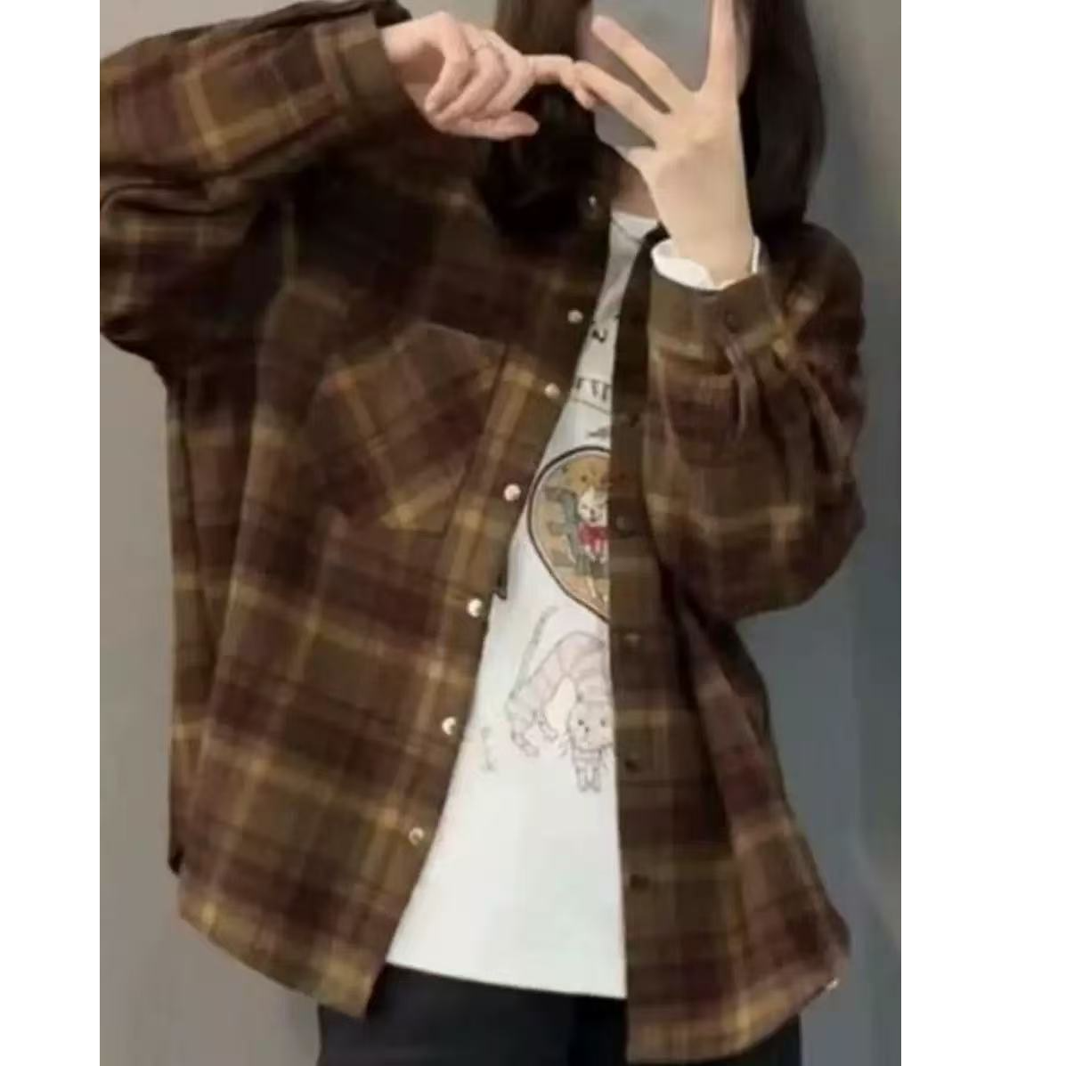 复古夹棉毛呢格子衬衫女冬季新款时尚洋气减龄上衣#3793