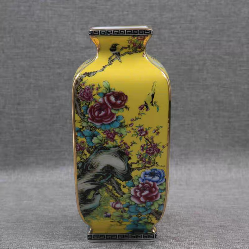 景德镇陶瓷花瓶釉上彩花鸟四方瓶
