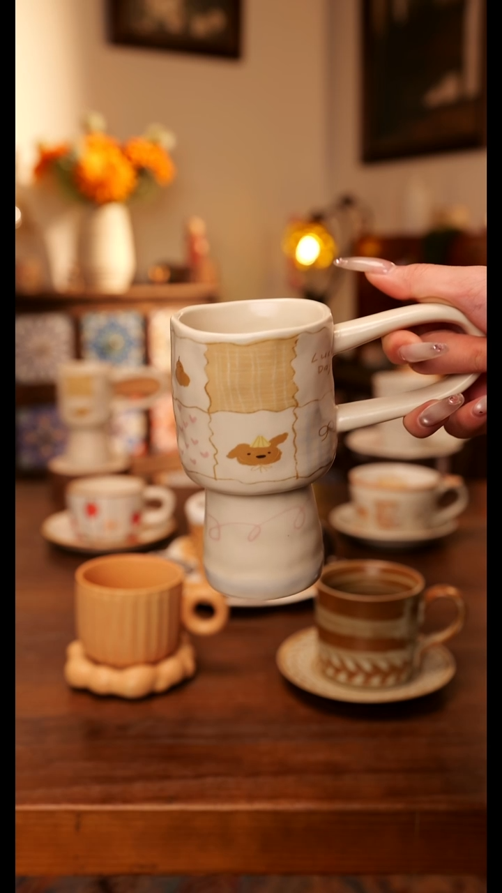 陶瓷便携款粗陶手作高脚杯  手绘釉下彩