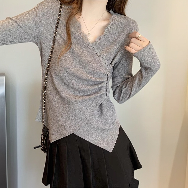 设计感不规则褶皱长袖T恤女2025春秋新款修身显瘦打底衫上衣210-1