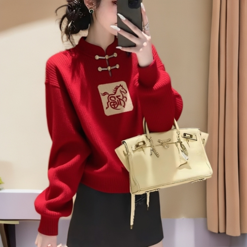 新中式国风盘扣白马红色针织毛衣女款2025新款冬季本命年马年衣服