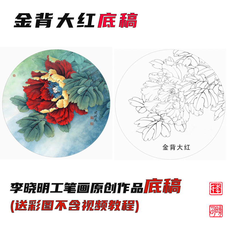 牡丹团扇《金背大红》底稿 李晓明工笔画原创线稿（送A3彩图电子步骤