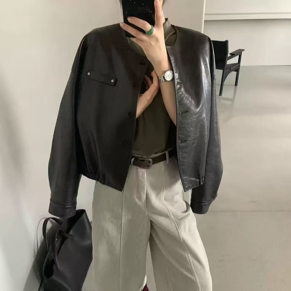 3331•圆领PU WT# 东大门圆领极简机车风PU外套·