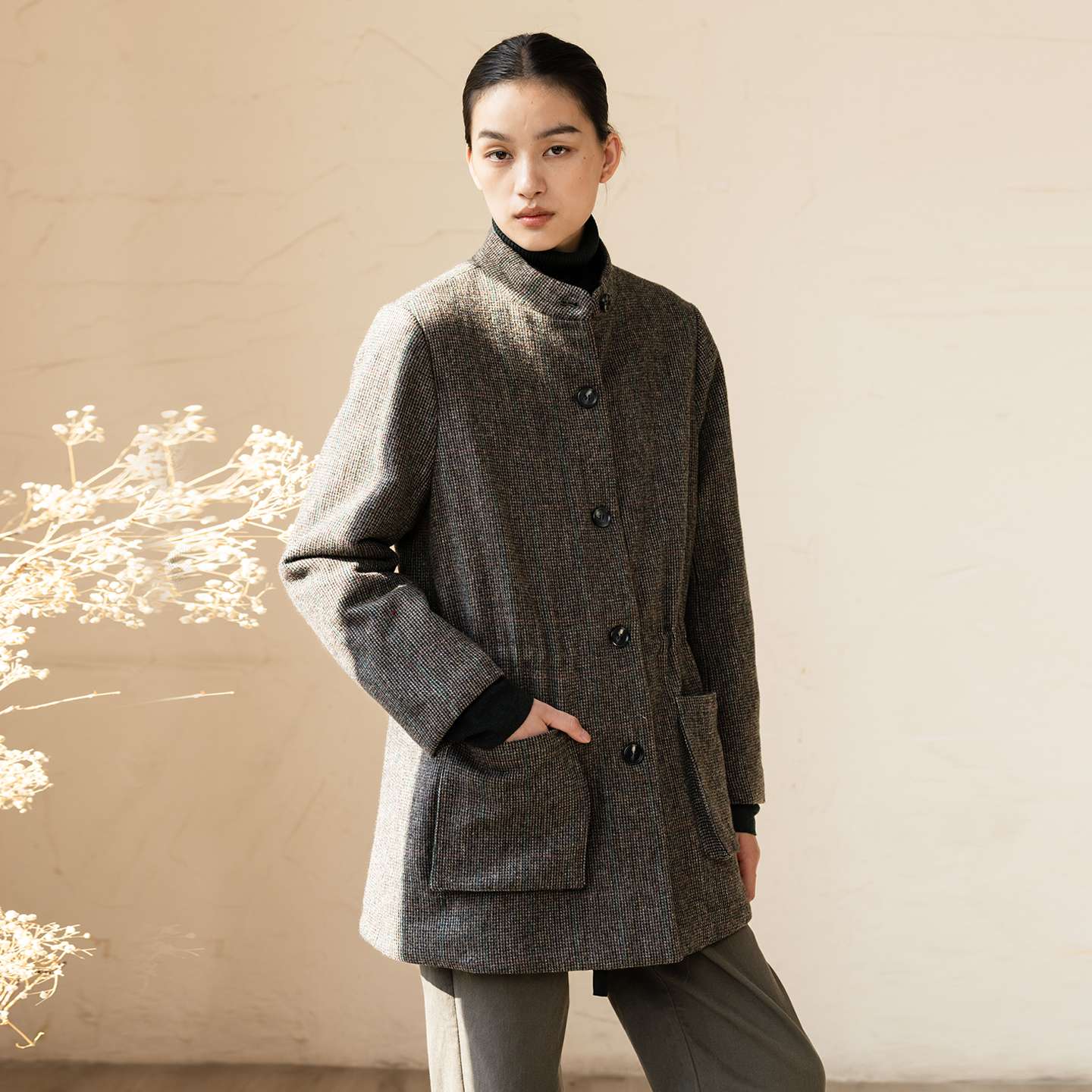 qtu百分百羊毛呢加厚棉服女中式复古羊毛夹层棉衣新款 W65194