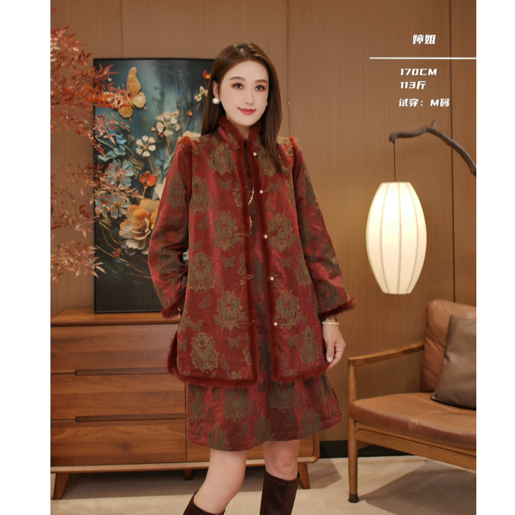 【福蝶】马甲-蝴蝶浮雕刺绣冬季新款加棉水貂毛新中式国马甲T1018