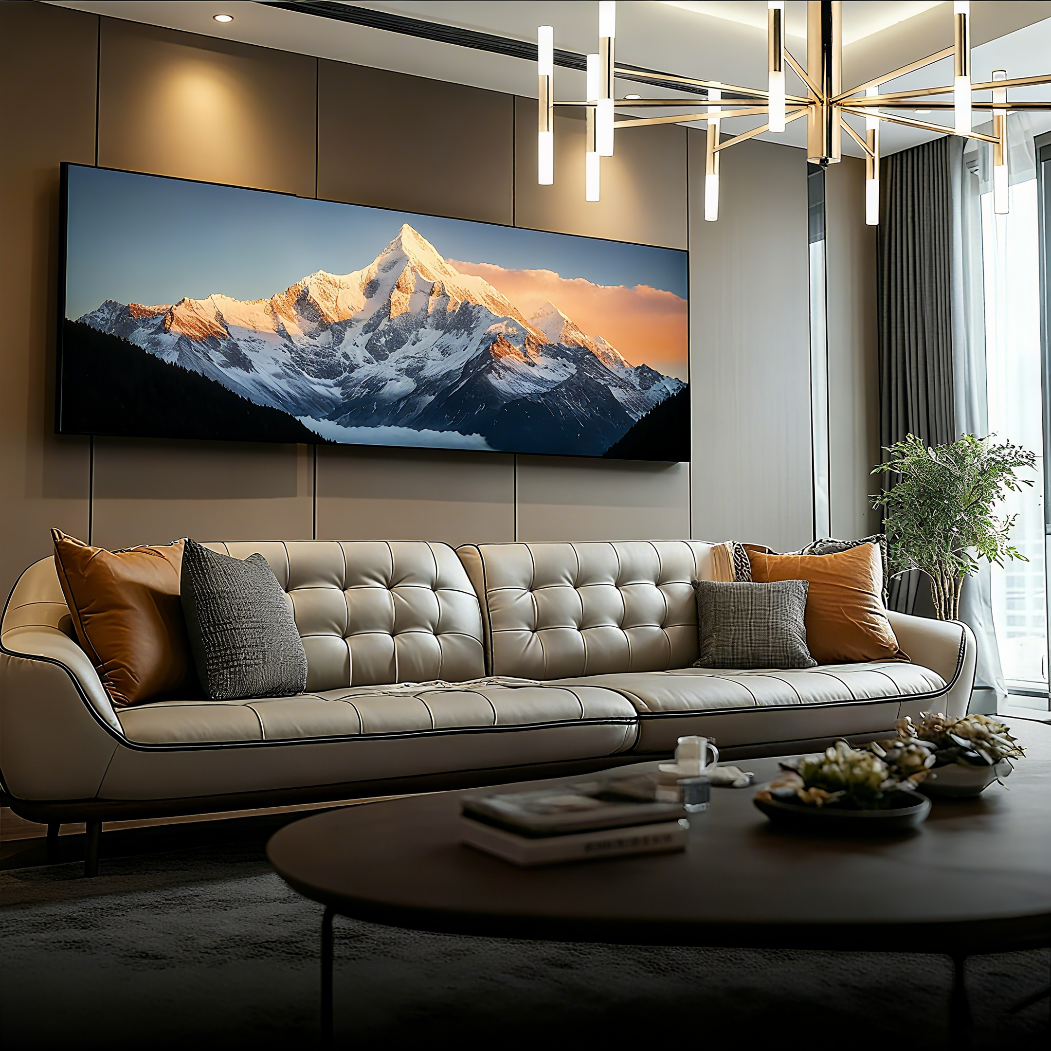 日照金山现代轻奢质感沙发背景墙挂画高清实景靠山图高档大气风景