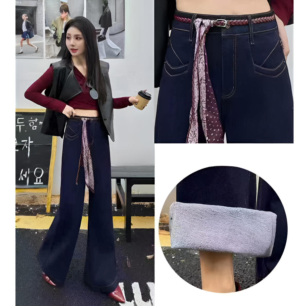 丝巾腰绳垂感阔腿牛仔裤女新款冬季加绒高腰宽松遮肉显瘦微喇裤子