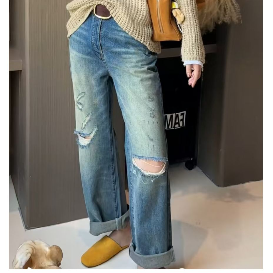 新款高街水洗破洞黄泥微喇牛仔裤女新款直筒显瘦vibe风长牛仔裤子