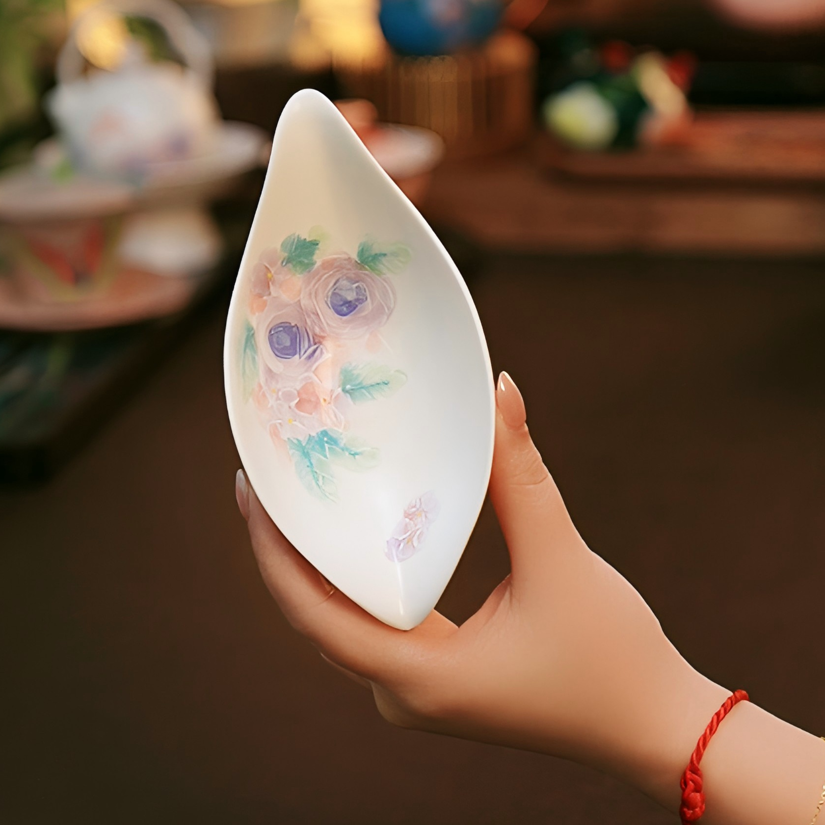 花影纯手绘釉下堆绘玫瑰花油画风优雅陶瓷茶具茶则