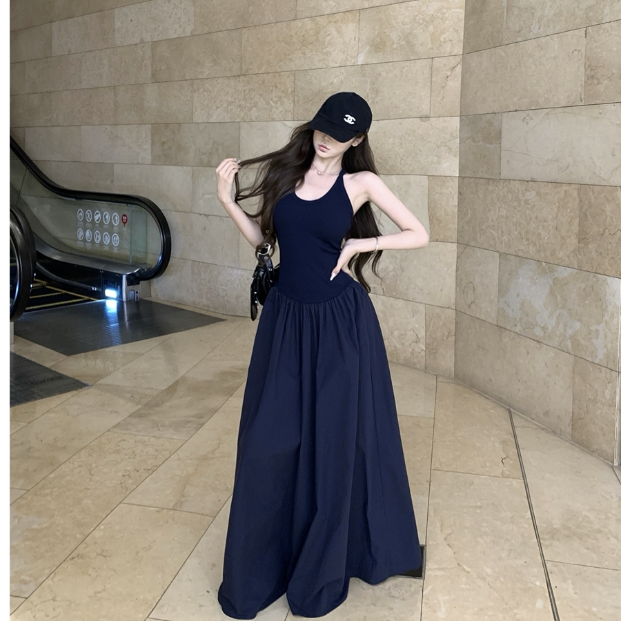 蓬蓬拼接吊带连衣裙女春法式设计感修身收腰无袖长裙子