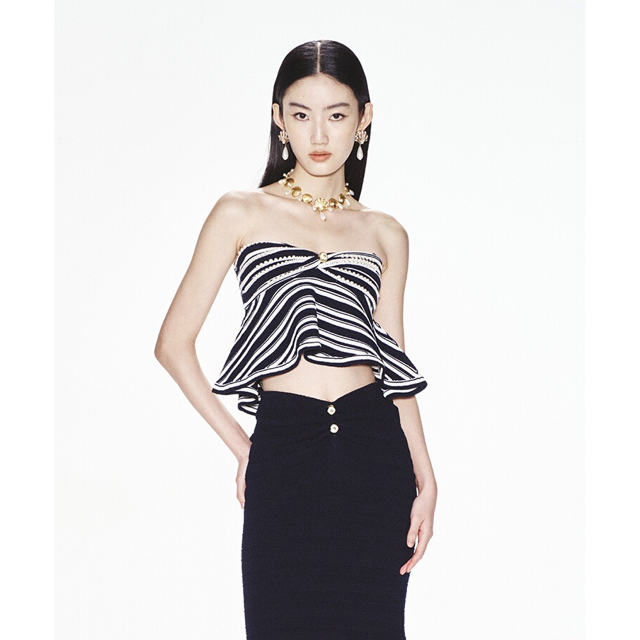 LeFame/拉飞姆24夏撞色条纹手工钉珠学院针织吊带LF24X21ZV143