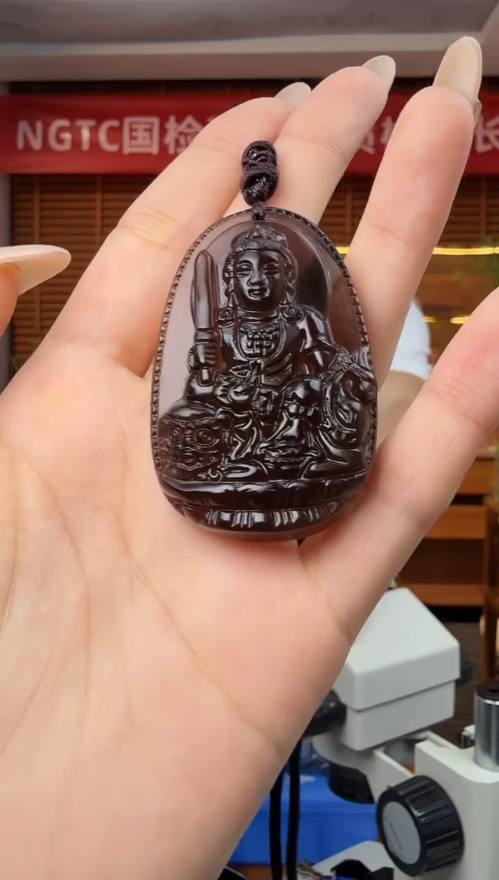 未镶嵌黑曜岩吊坠(赠链)天然冰曜石文殊(兔)