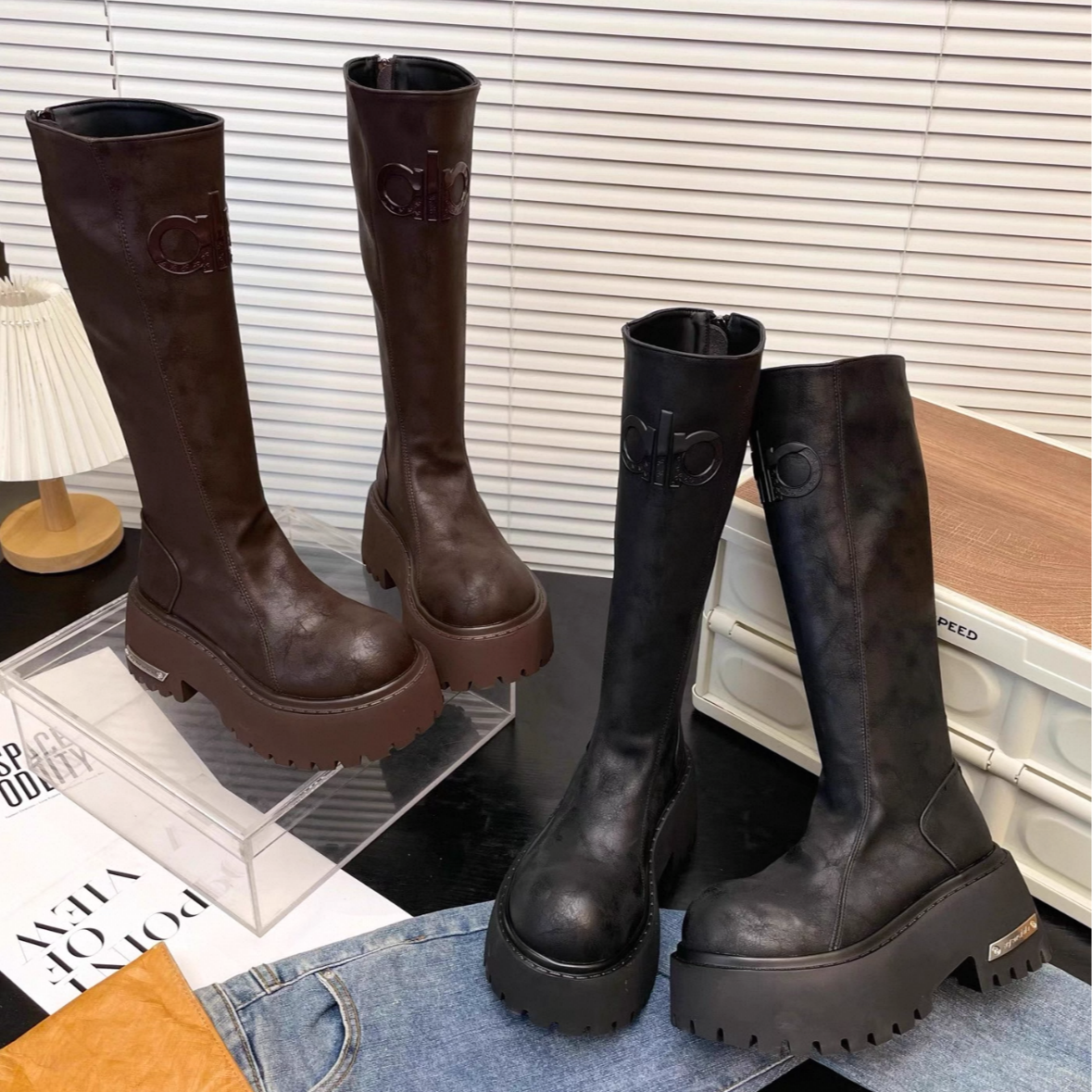 【小唐】字母长筒靴女2025冬季新款厚底增高显瘦擦色高筒骑士靴