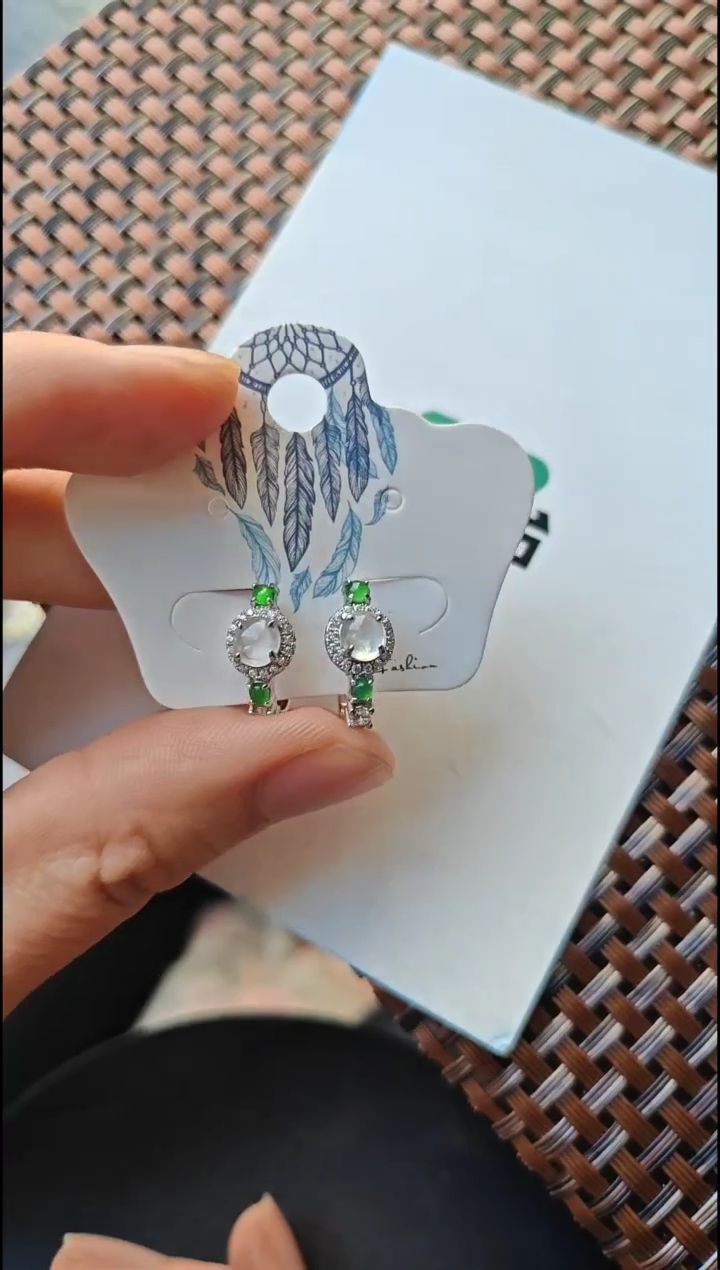 【闪购商品】翡翠耳饰银S925镶嵌翡翠耳饰S925银镶嵌