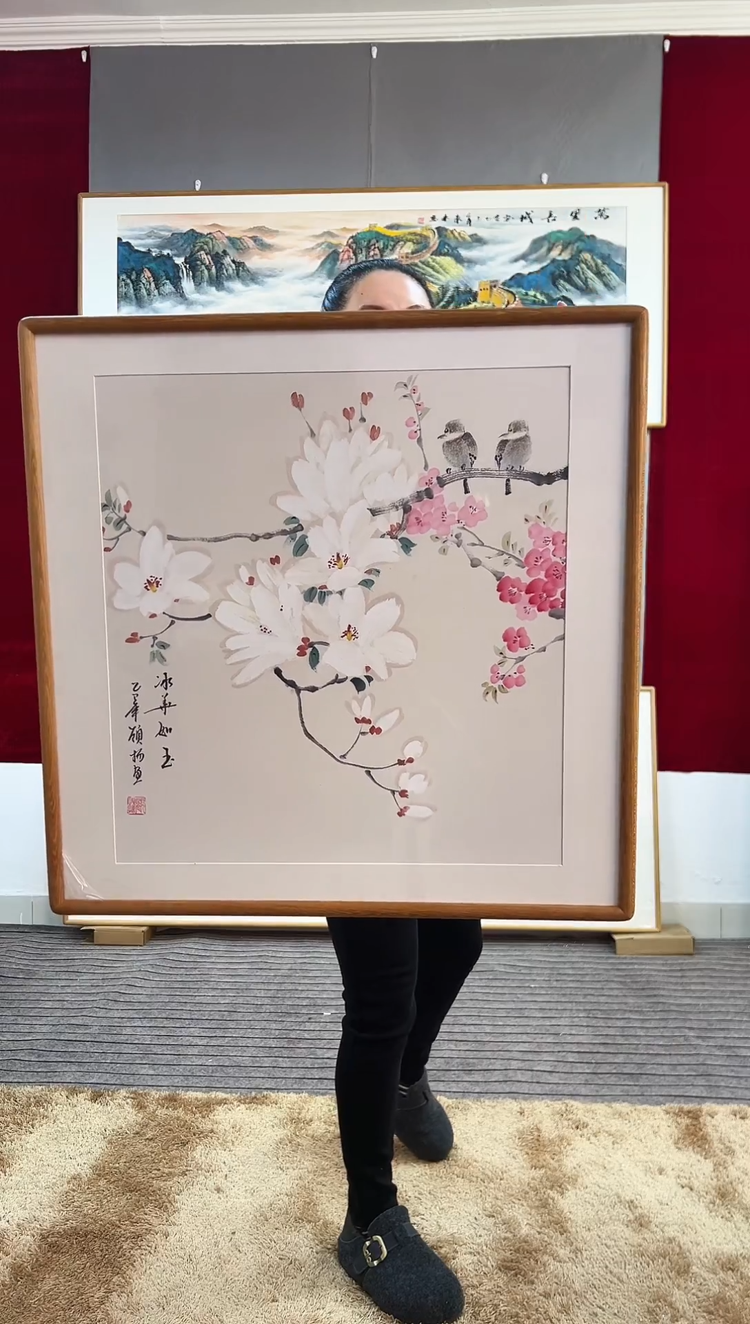 国画手绘白色玉兰62*62尺寸