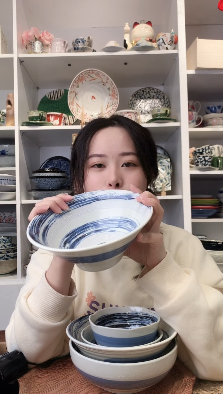 陶瓷美浓烧风吹清流大斗笠面碗19.5cm