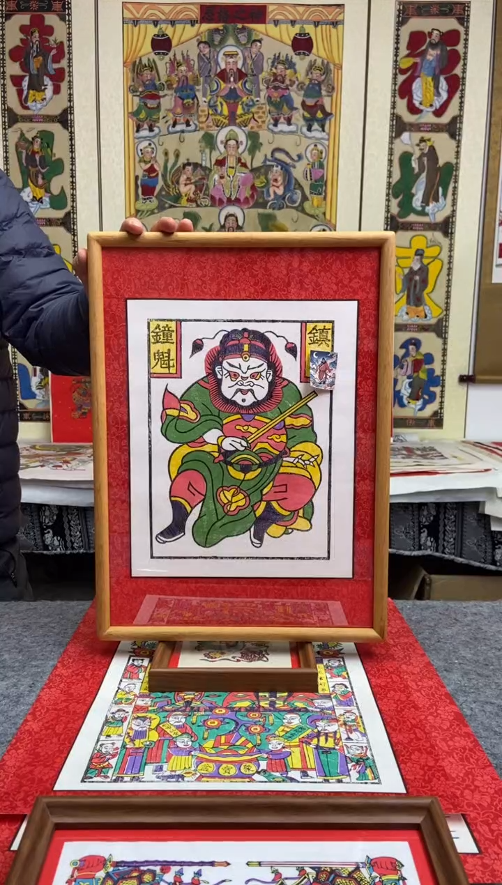 绿袍钟馗精裱装柚木框手工制作精品