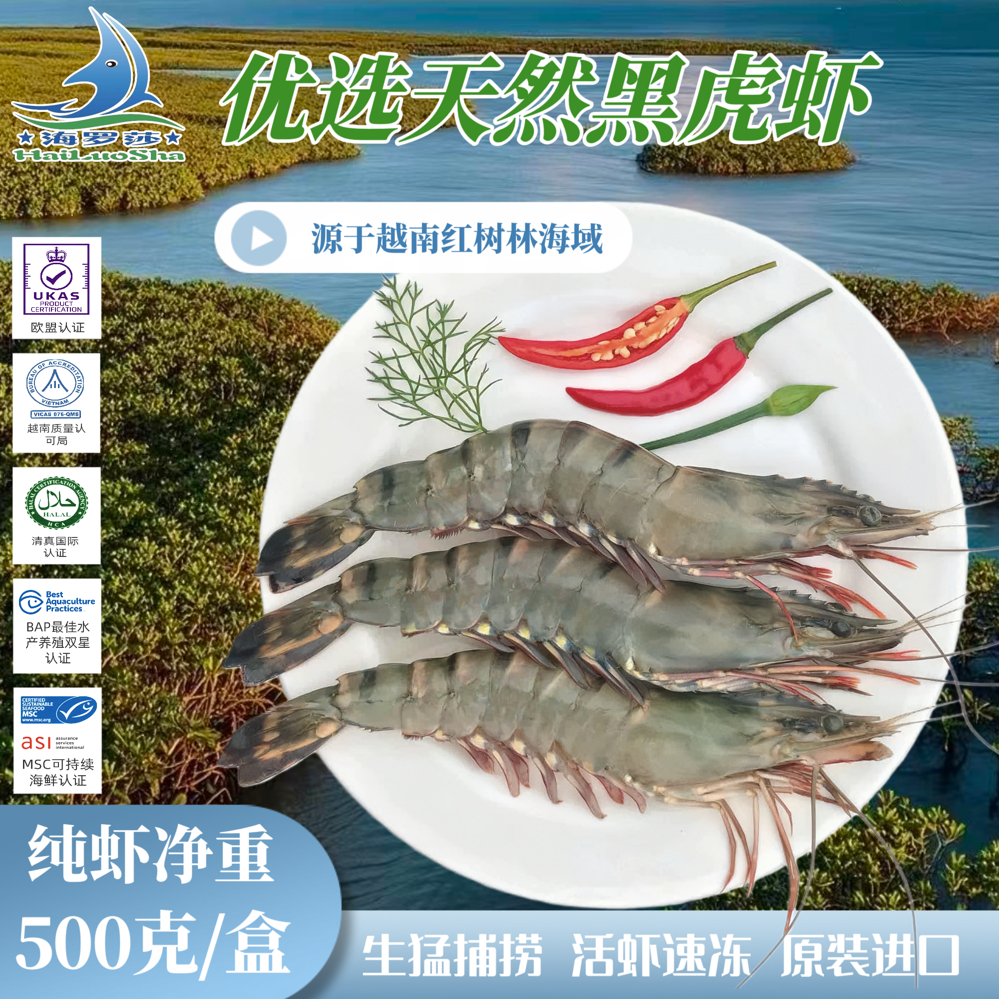 500克6头/盒 越南天然黑虎虾鲜活捕捞生猛急冻节日送礼