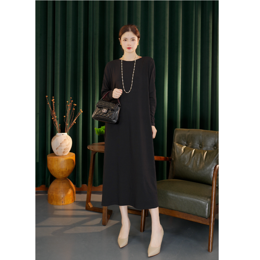 {橙衣纤服}春秋长袖圆领轻薄透气舒适气质百搭款长袖连衣裙TC8060