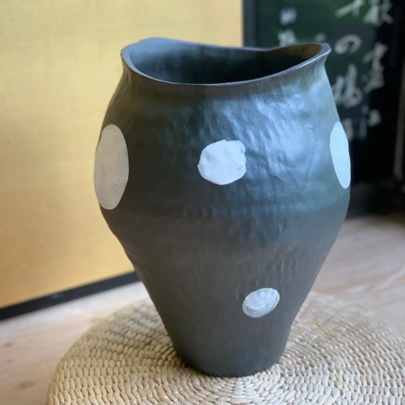 侘寂风插干花陶瓷花器民宿玄关客厅花瓶复古黑白波点花器花盆