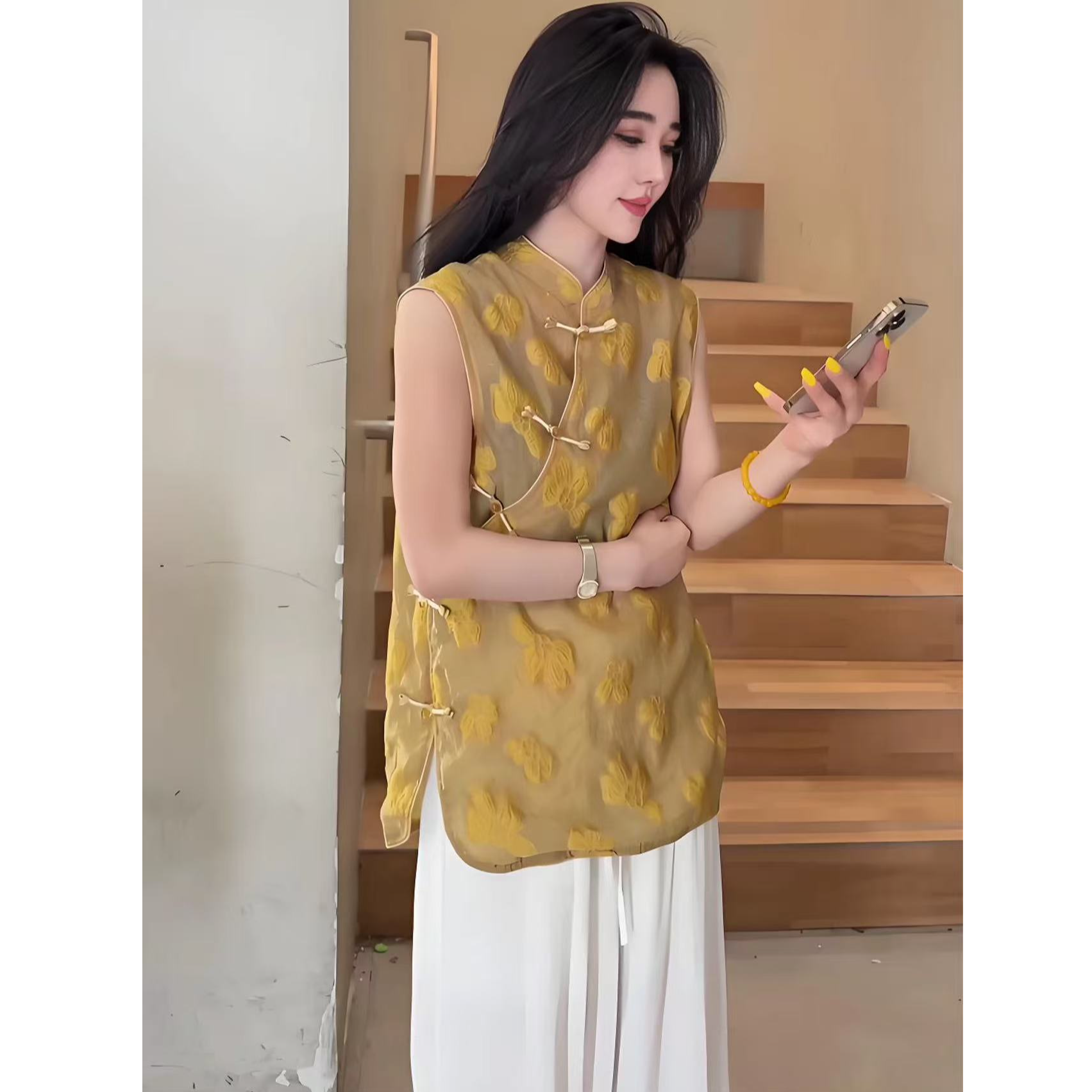 2025新中式气质时尚宽松透气显瘦百搭洋气高级感提花斜襟上衣